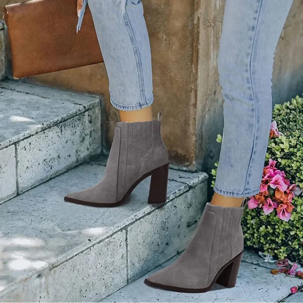 Juliet Holy Block Heel Ankle Boots Comfort Slip on Pointed Toe Mid Booties